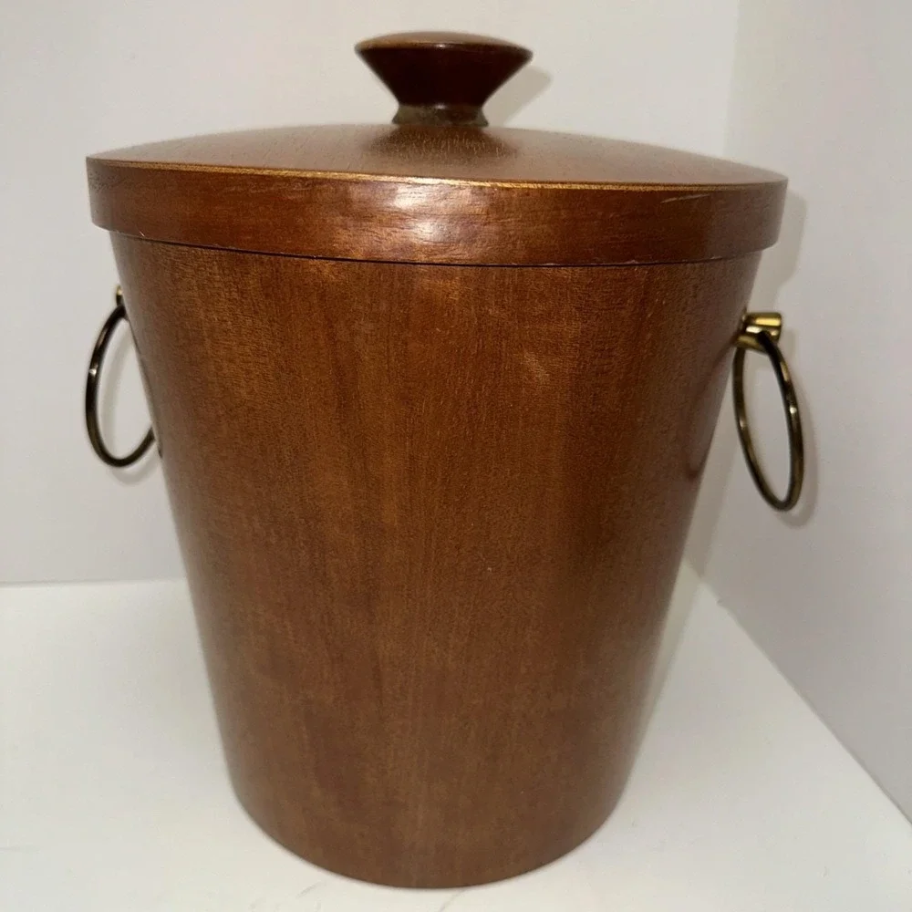Vintage Wood Ice Bucket W/ Tongs Brass Handles Mid Century 11